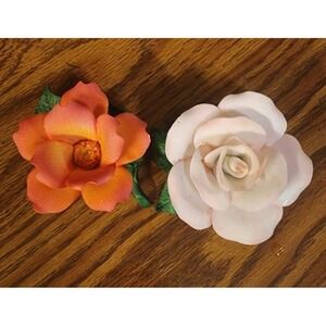 Vintage Set Of 2 Capodimonte Porcelain Rose Flower Sculptures, Gorgeous MCM